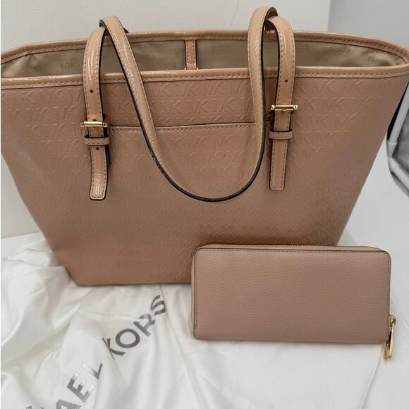 Michael Kors Handbag & Wallet Set Monogram Shiny Peach Tan Leather Gold Plate - Picture 5 of 16